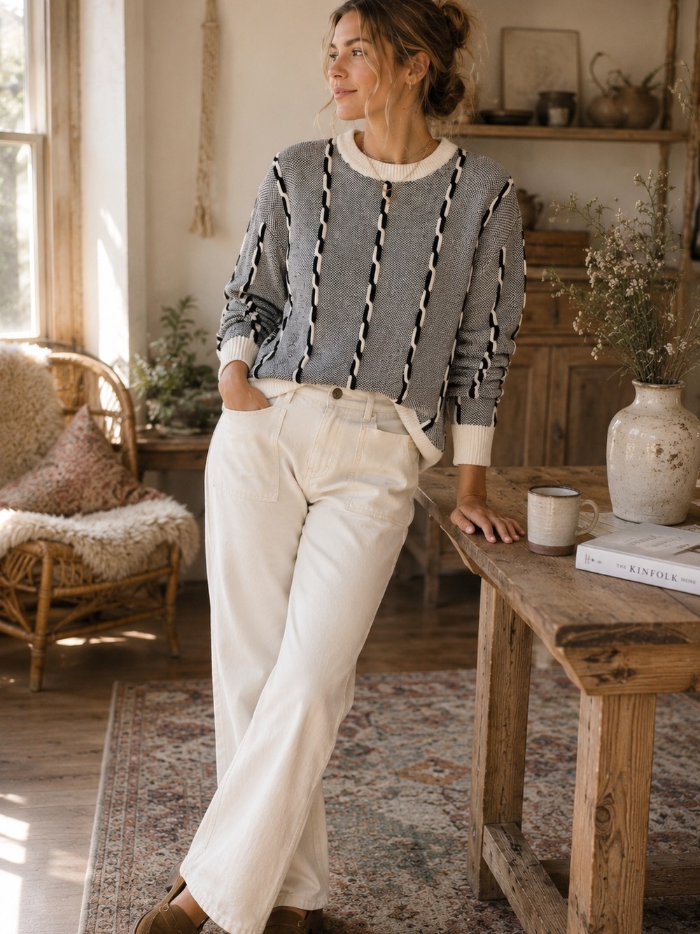 Metric Knits Textured Stripe Sweater Medium Gray Cream Preppy Coastal Knit
